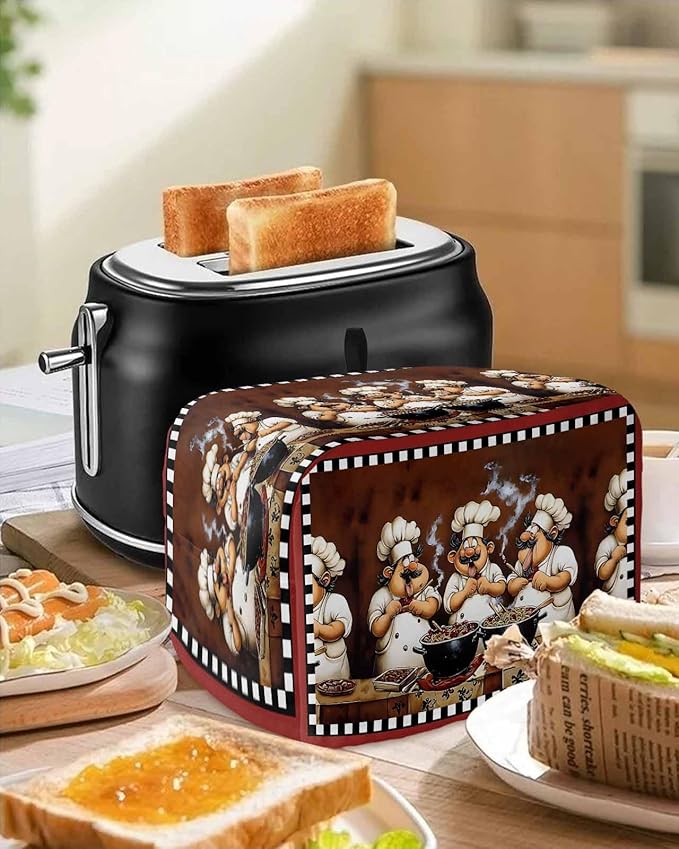 Kitchen Fat Chef Toaster Cover 4 Slice, Vintage Cook Gourmet Dustproof Bakeware Oven Protector with Top Hook, Red Black Plaid Waterproof Small Kitchen Appliance Toasters Dust Cover, 12"x11"x8"