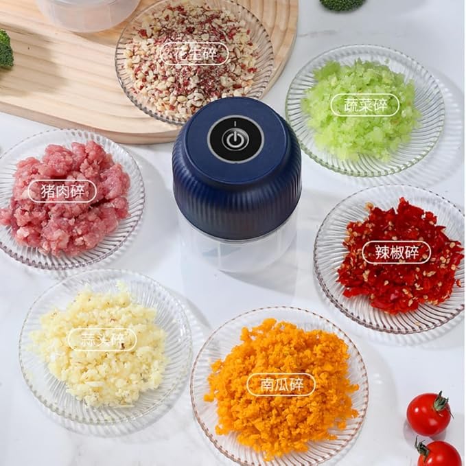 300ML USB Rechargeable Electric Garlic Chopper, Mini Portable Veggie Cutter with Eggbeater&4/6 Knife Heads, Veggie Chopper with Container and Lid, Vegetable Crusher (B)