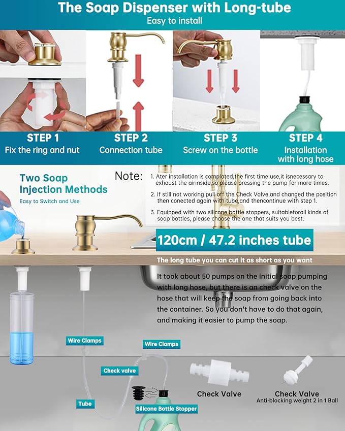 Built in Deck Mount Liquid Lotion Kitchen Countertop Metal Soap Dispenser, Brushed Gold Brass Dispenser Pump with 47.2" Silicone Long Tube for 0.79 "- 1.38" High Capacity Bottle Mouths