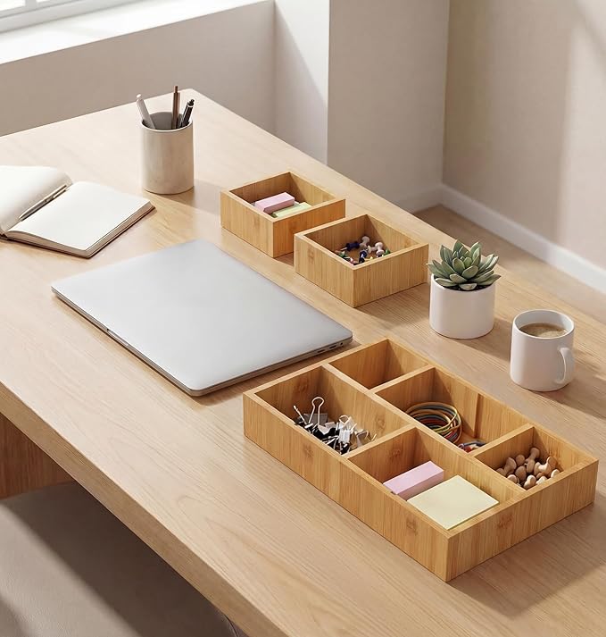 KOCWELL Bamboo Desk Drawer Organizer with Removable Dividers,Multi-Use Office Drawer Organizer Tray,Junk Drawer Organizers for Office,School,Kitchen,Makeup Supply(Original)