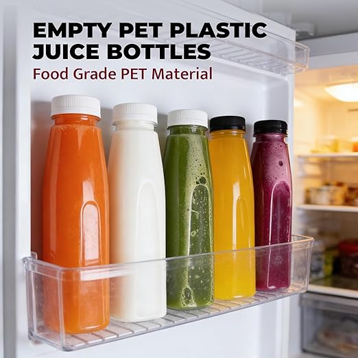 Holotap 48 Pack Empty PET Plastic Juice Bottles 8 OZ Clear Disposable Bulk Plastic Bottles for Liquids with Black Tamper Evident Caps (8 OZ, Black)