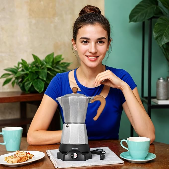 LAOION Cafeteras Electricas Modernas,6 Cup Portable Espresso Maker,300ml Moka Pot with Detachable Base & Overheat Protection, Great for Home,Office, or Travel, a Thoughtful Gift for Coffee Lovers
