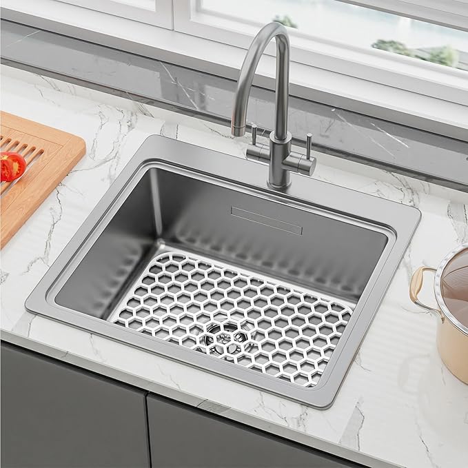 Bestjing Silicone Sink Protectors for Kitchen Sink - 16.65"x12.2" Kitchen Protector Accessory, Non-Slip Heat Resistant Mat for Bottom of Farmhouse Porcelain Stainless Steel (White)