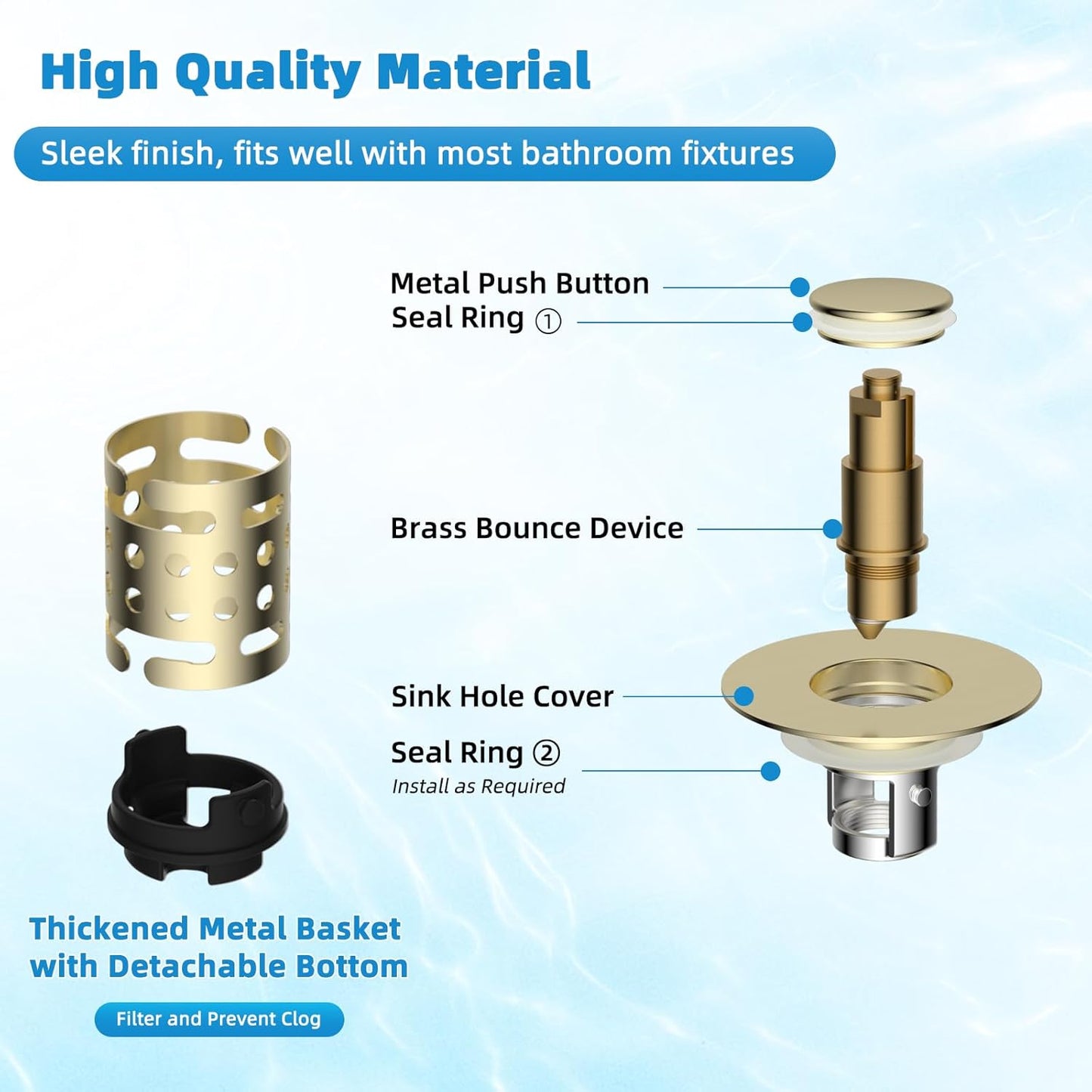 Universal Bathroom Sink Stopper Hair Catcher Upgraded with 2-Layer Detachable Filter Basket, 4 in 1 Pop Up Drain Strainer, Anti-Clog, Odor-Block, Universal Fit for 1.1''~2.36'' Sinks, Brushed Gold