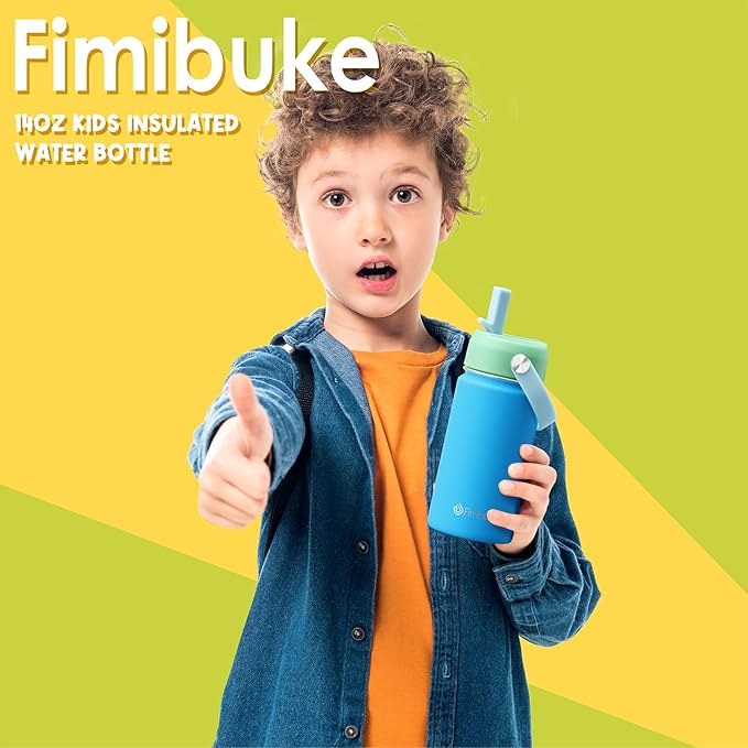Fimibuke Kids Insulated Water Bottle, 14oz BPA FREE 18/8 Stainless Steel Travel Tumbler Double Wall Vacuum Leak Proof Kids Cup with Straw Metal Water Bottle for School Boys Girls(1 Pack, Sky)