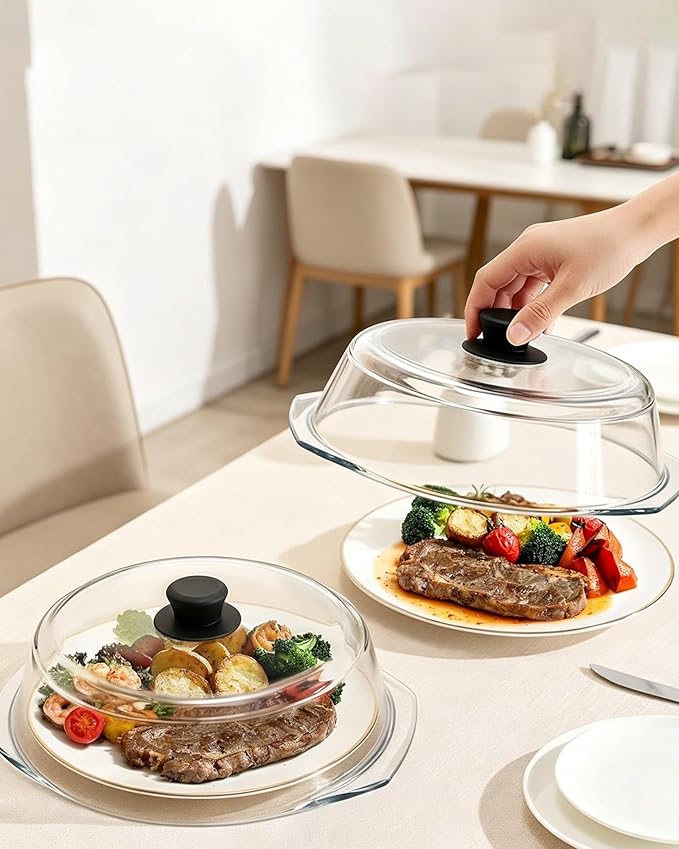 Tall Glass Microwave Splatter Cover for Food & Microwave Place Mat,2 in 1,Sturdy clear 100% food safe BPA free glass lid with easy grip silicone handle,Dishwasher safe for easy cleaning