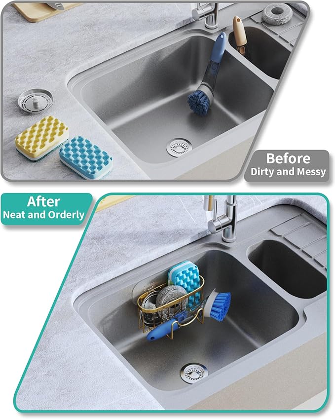 HapiRm Multifunctional Sponge Holder - 2 Installation Methods Sink Caddy with Unique M-Shaped, Stainless Steel Kitchen Sink Organizer for Sponge, Brush, Stopper and Scraper - Gold