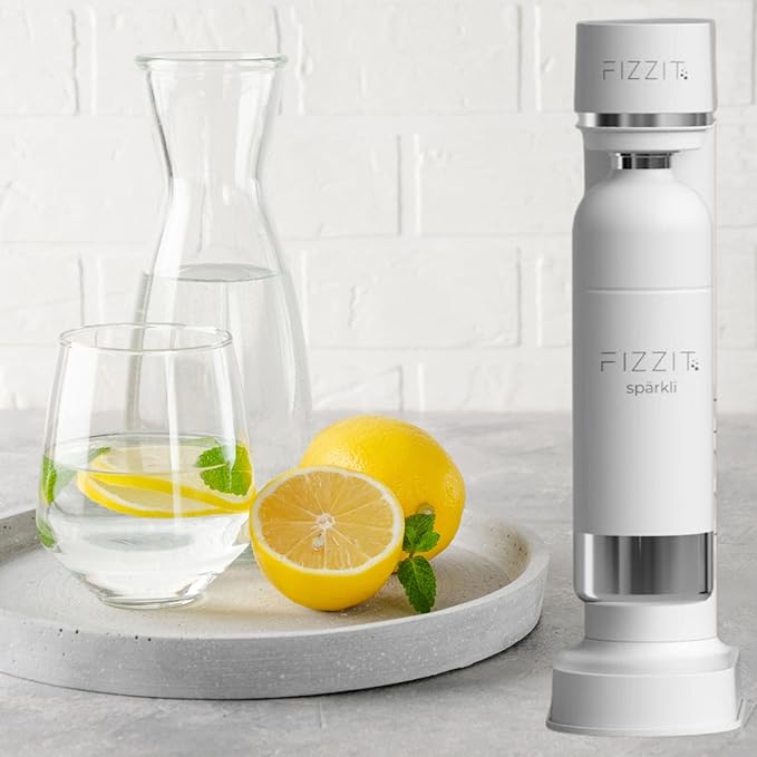 White Stainless Steel Sparkling Water Maker with 2 CO2 Cylinders & 2 Reusable Bottles