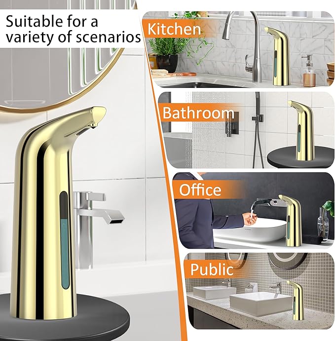 Automatic Soap Dispenser Touchless,400ML Hand & Dish Countertop Electric Liquid Rechargeable Dispenser with Sensor,Modern 4 Gear Adjustable Waterproof Kitchen Auto Soap Pump(Gold)