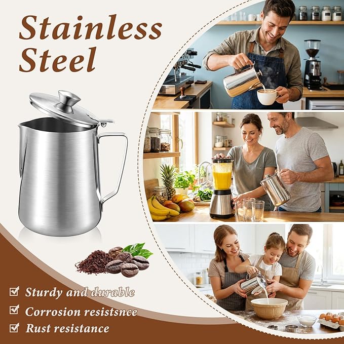 2 Pcs 67 oz/ 2 L Stainless Steel Pitcher with Lid Large Capacity Stainless Steel Metal Water Pitcher with Handle Milk Frothing Jug for Coffee Iced/Hot Tea Latte Art Homemade Beverages