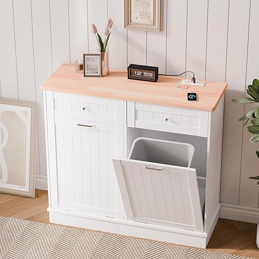 Betterhood Double Tilt Out Trash Cabinet with Power Outlet, 10 Gallon Trash Cabinet with Storage,Pet Proof Trash Can with 2 AC & USB Sockets for Kitchen,Living Room (White, Double Door)
