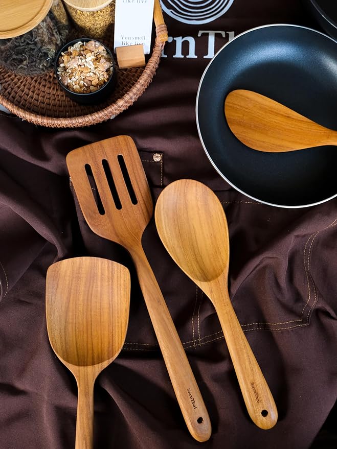 SarnThai Wooden Spoons for Cooking – 3 PCS Handcrafted Thai Teak Utensil Set, Stirring Spatula & Serving Spoon, Eco-Friendly, Ideal as Wok Spatula Wood