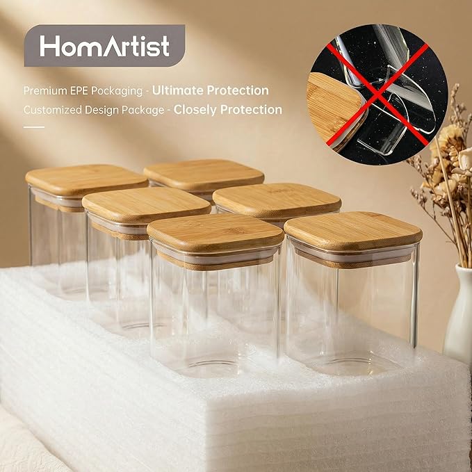 Multi Size - 5 Pack Square Glass Jars with Bamboo Lids, Glass Food Storage Containers with Airtight Lids for Kitchen, Air Tight Pantry Storage Containers for Cereal, Pasta, Rice, Sugar, Coffee, Spice