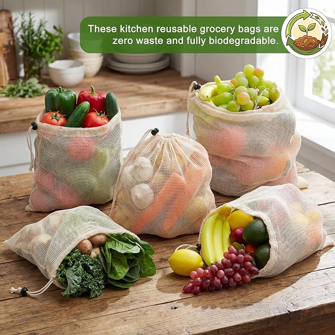 10 Pcs 15 x 12 in Reusable Produce Bags Grocery Washable, Cotton Mesh Produce Bags Plastic Free, Drawstring Closure, Double-stitched Organic Cotton Mesh Grocery Bag for Vegetables Fruit Onions