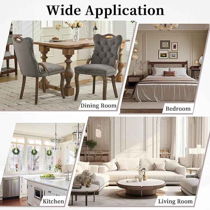 Grey Velvet Dining Chairs Set of 2,Modern Upholstered Dining Room Chairs with Tufted Back and Wood Handles, Curved Solid Wood Legs, Sillas de Comedor