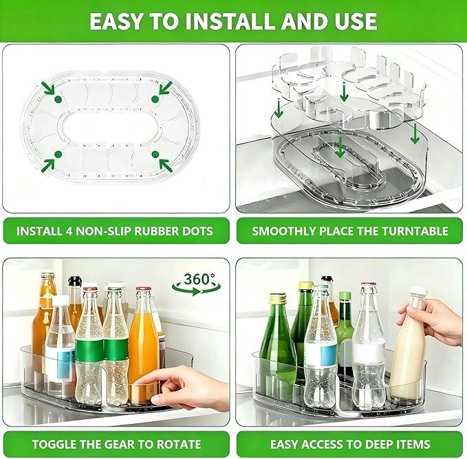 Lazy Susan 360°Rotating Organizer for Refrigerator,13.5“ x 8.5”,Drink Organizer for Fridge,Cabinet, Pantry,or Kitchen Countertop,Organize Condiments, Cans, Beverages,Clear,1 Pack