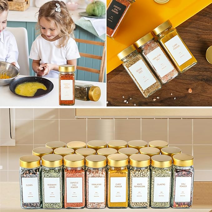 Gold Spice Jars with Label,4oz Seasoning Containers, Glass Spice Bottles with Shaker Lids,Funnel, Chalk Pen for Cabinet,Drawer,Rack (36)
