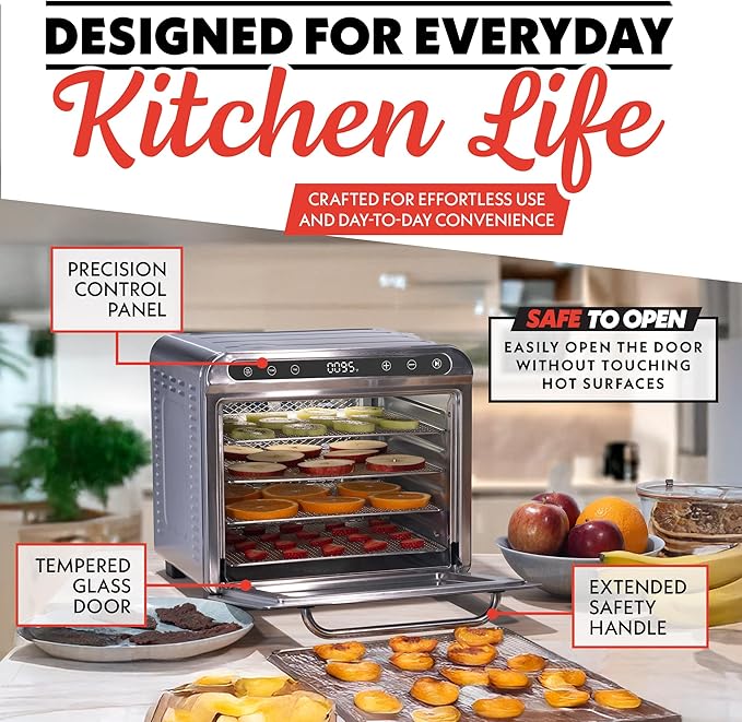 Gourmia 8 Tray Digital Food Dehydrator - 360° Airflow, 30 Minute–24 Hour Timer, Glass Door, Jerky, Fruits, Veggies & More, 95°F–185°F, 625W, Stainless Steel