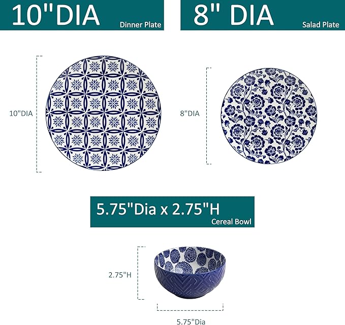 LEHAHA 12 Pieces Modern Porcelain Dinnerware Set,Service for 4, Ceramic Plates and Bowls Sets, Kitchen Dinner, Salad, Dessert Plate and Cereal Bowl Set, Ceramics Dishes Set, Blue and White