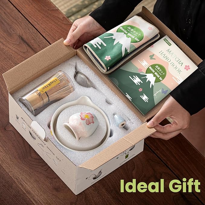 Clay&Fire Matcha Whisk Set,9 Pcs Ceramic Matcha Set, 15 OZ Matcha Bowl with Spout and Whisk,Matcha Kit for Friend, Ideal Gift for Matcha Lover(Cherry)