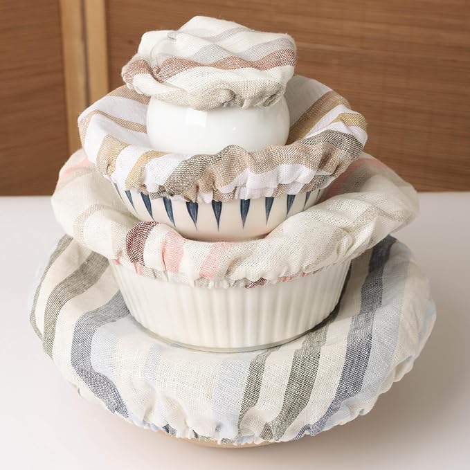 100% Linen Bowl Covers Reusable For Bread Proofing, 4 Pcs Elastic Cloth Fabric Colorful Stripe Bowl Covers, 5.9*7.9*9.8*11.8 Inches, Colorful 2