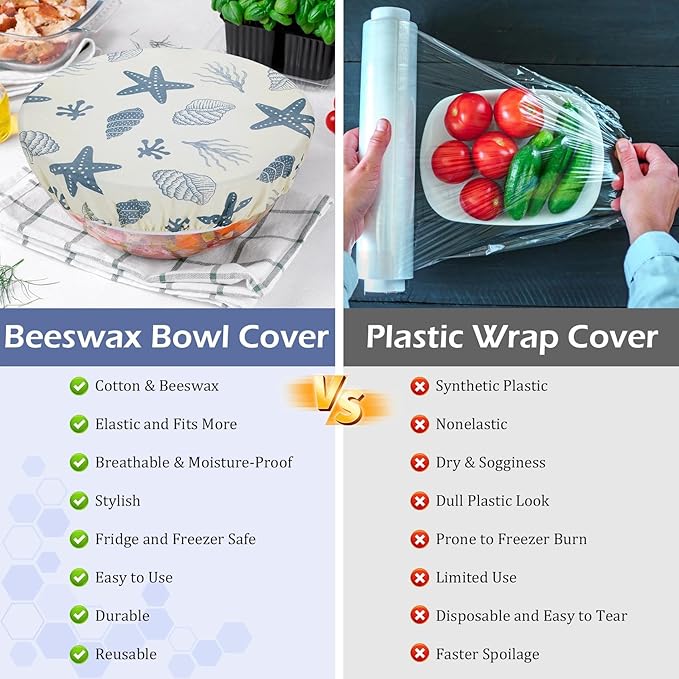 5-Size Reusable Beeswax Bowl Covers for Bread Proofing, Cotton Cloth Flexible Beeswax Wraps for Food Storage(Ocean Series)