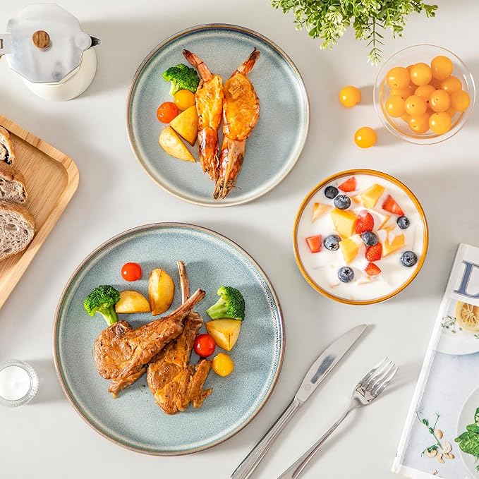 vancasso ONION Ceramic Plates and Bowls Sets, 24 Pieces Light Blue Dinnerware Sets for Kitchen, Reactive Glaze Dishes Set for 8, Dishwasher and Microwave Safe