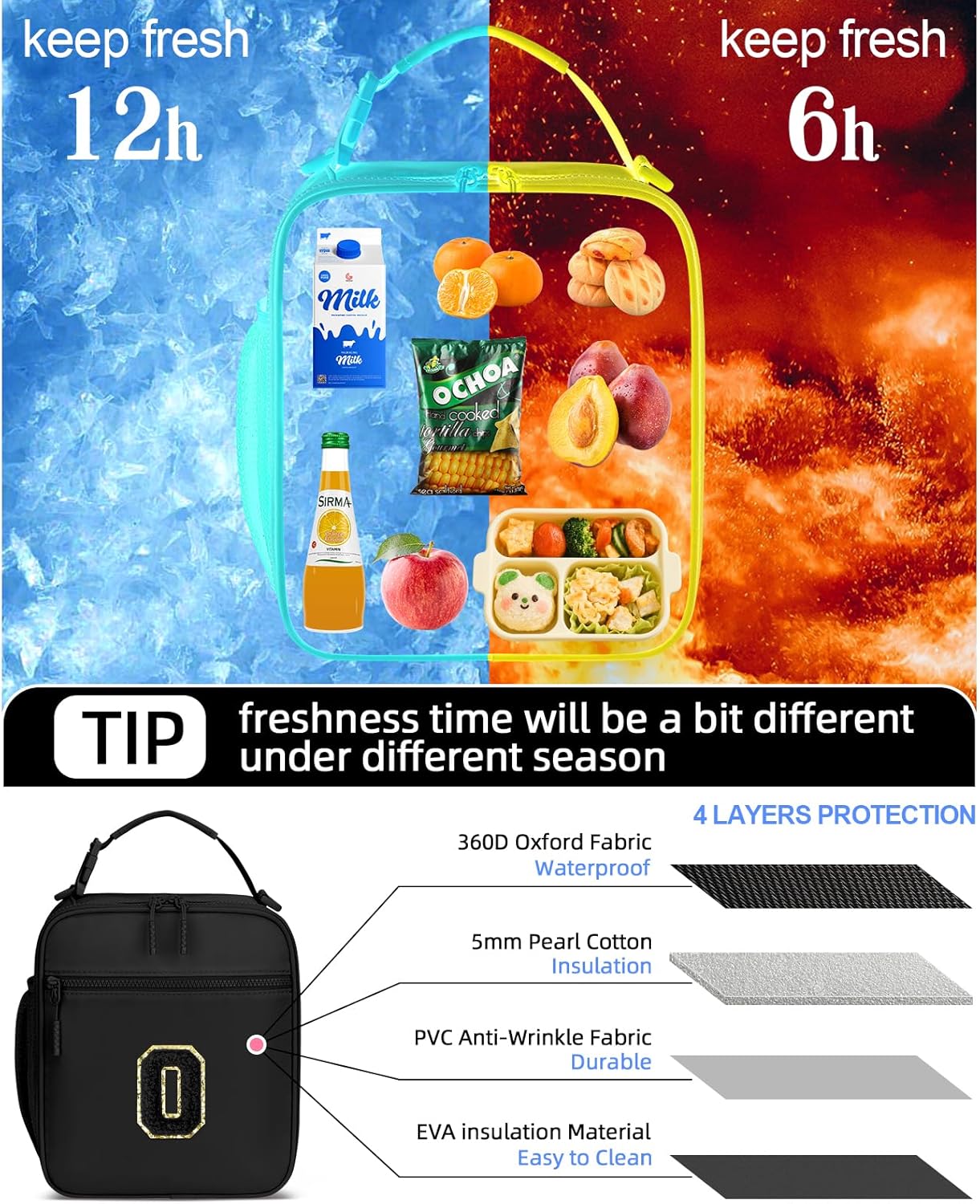 Initial Insulated Lunch Bag for Boys Kids, Back to School Gift, Reusable Leak-proof Lunch Box with Adjustable Strap for School Daycare Travel Picnic(Black,O)