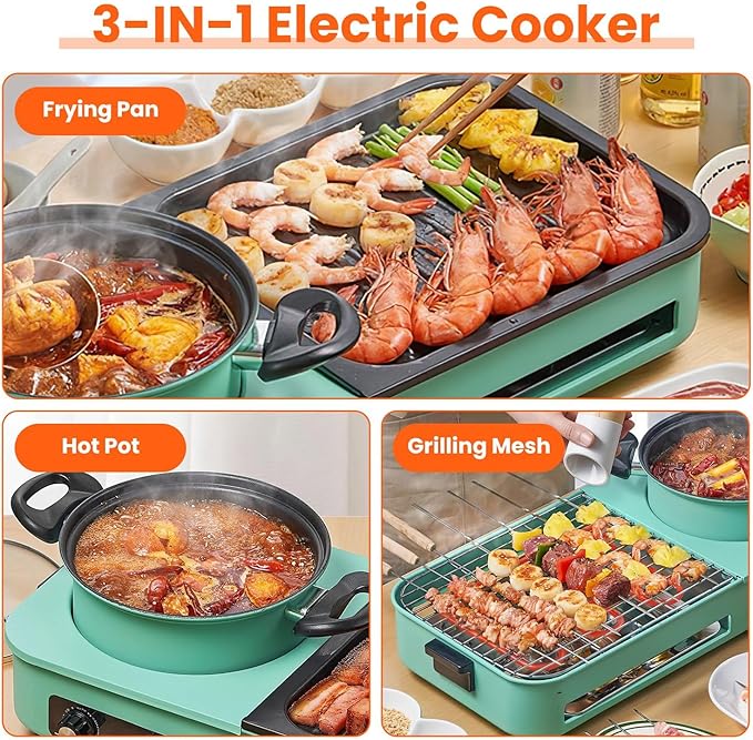 3 in 1 Electric Hot Pot with Grill Smokeless Non-Stick Pot and Griddle for Korean BBQ Grill Shabu Shabu Pot Divider Independent Dual Temperature Control for 3-5 People(1600W)