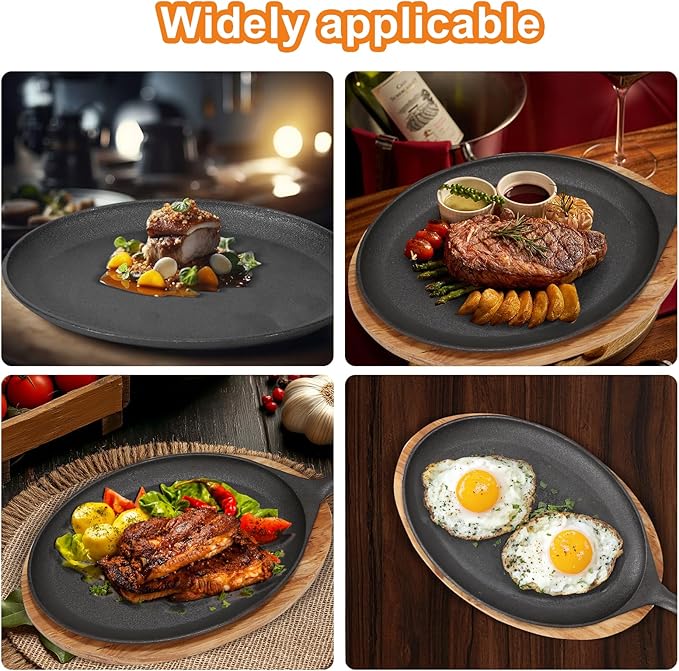 Fajita Skillet,Cast Iron Plates for Home Party Eating,Sizzler Plates With Wooden Base And Handle Cover,Cast Iron Skillet Set,Steak Plates for Home Party Eating