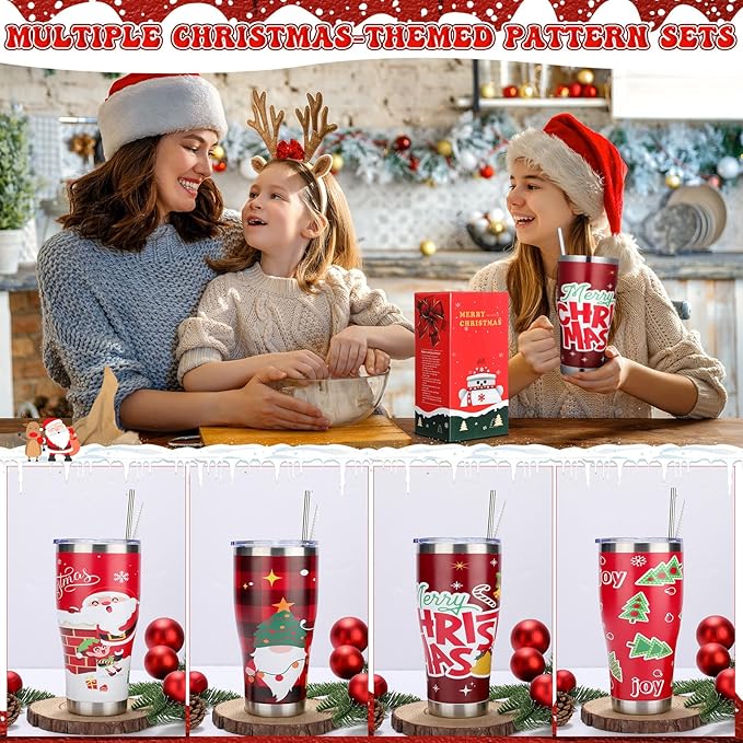 Mifoci 4 Pcs 30 oz Christmas Tumbler with Lid and Straw Stainless Steel Christmas Mug Double Insulated Cup Insulated Coffee Tumbler with Straw Brush for Holiday Coworkers Women Gifts(Style 1)
