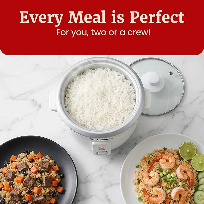 Elite Gourmet ERC-003X Electric Rice Cooker with Automatic Keep Warm Makes Soups, Stews, Grains, Hot Cereals, 6 Cups Cooked (3 Cups Uncooked), White
