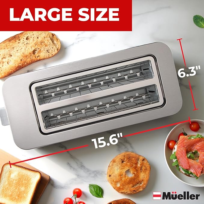 Mueller UltraToast Stainless Steel Toaster 4 Slice – Extra-Wide 1.6" Slots for Artisan Bread, Bagels & Frozen Waffles, 6 Browning Levels, LED Display, Cancel/Defrost/Reheat, Removable Crumb Tray