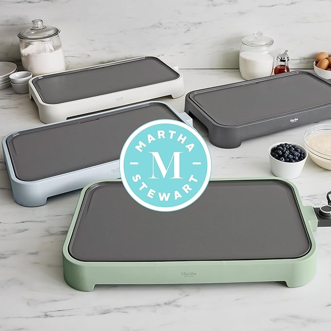 Martha Stewart 12” x 22” Electric Griddle, XL Ceramic Nonstick Flat Top Cooking Surface, Adjustable Temperature Dial, Drip Tray, Dishwasher Safe, 1500W Fast Even Heating, Pancakes & Eggs, Caviar Gray