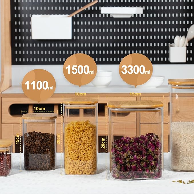 D2scrma 52oz Airtight Glass Square Storage Canister with Bamboo Lid Set of 3 (1550ml) Container Stackable Spice Jar, Kitchen Canister for Flour, Cookies, Cereal and Coffee beans (with Black Lable)