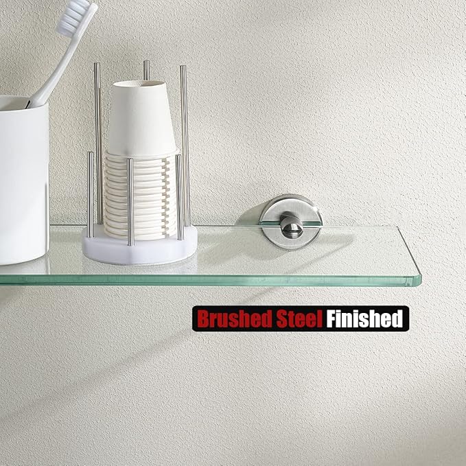 JQK Bathroom Glass Shelf Brushed Steel, Tempered Glass Shower Storage 16 by 5 inches, 304 Stainless Steel Brushed Wall Mount 2 Pack, TGS101L16-BN-P2
