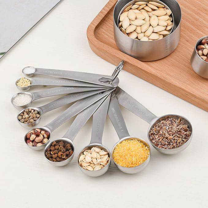 Measuring Cups Set, 18/8 Stainless Steel Measuring Cups and Spoons Set, 8 Kitchen Measuring cups & 9 Baking Measuring Spoons & Magnetic Conversion Chart&Leveler&Rings-Metal Measure Cups&Spoons