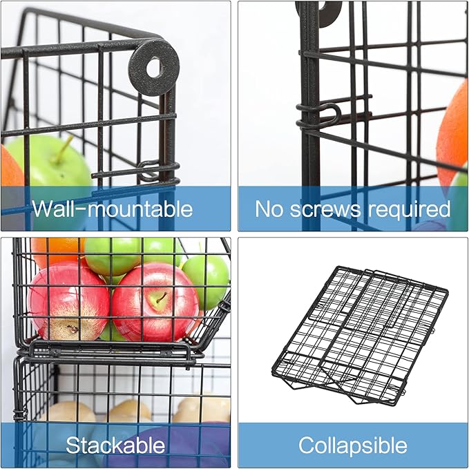 X-cosrack Stackable Wire Baskets for Counter, Fruit and Vegetable Storage, Potato and Onion Storage Bin,Kitchen Pantry Organizer - Wall Basket for Produce/Snack/Can, 3-tier Large, Black