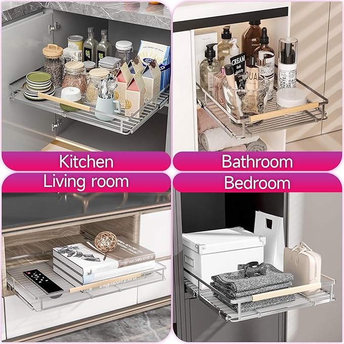 SUZLON Pull Out Cabinet Organizer, Expandable(10.2"~16.4") Cabinet Drawers Slide Out, Adjustable Width Roll 0ut Shelf Cabinet Organizer for Kitchen Base Cabinet Organization (Small, 2Pack)