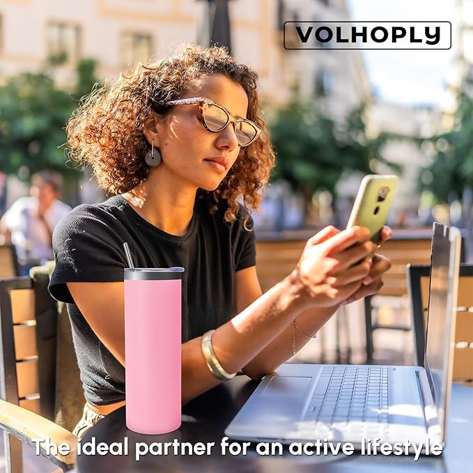 Volhoply 4 Pack Skinny Tumblers with Lid and Straw, 20oz Stainless Steel Straight Tumbler Bulk, Vacuum Insulated Coffee Mug for Home, Office, Travel, DIY (Pink,4 Pack)