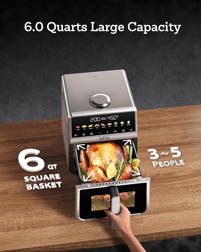 Air Fryer 6 Qt, All Metal Air Fryer, Stainless Steel Housing& Full Metal Inner Pot, PTFE and PFAS Free, 9 Digital One-Touch Cook Functions,120°F~450°F, 1700W