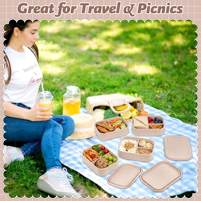 Honeydak 6 Pcs Silicone Bento Box for Adults, 3 Compartment Lunchable Food Container for Women Men, Leak Proof Microwave Dishwasher Freezer Safe (Beige)