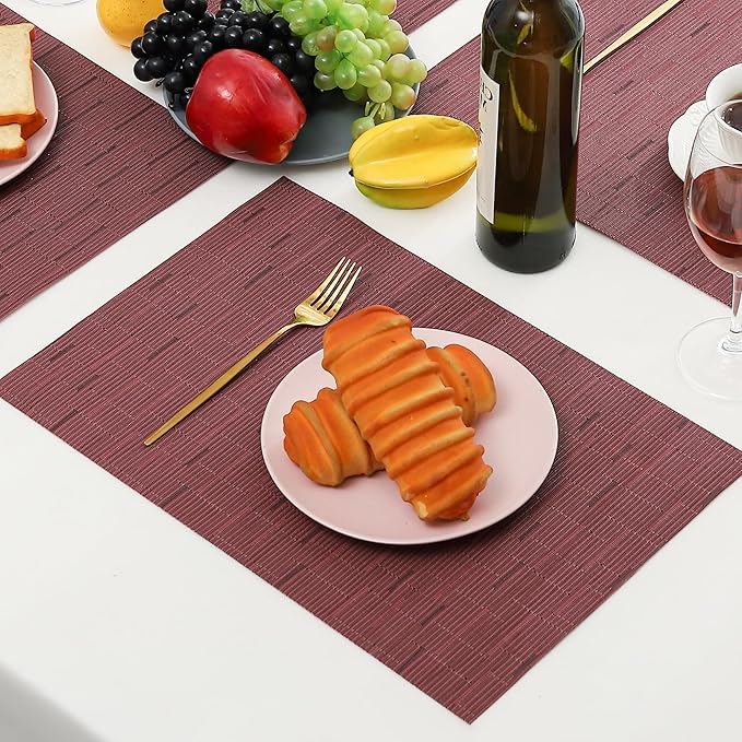 Leetaltree Burgundy Placemats Set of 12 - Heat Resistant Non-Slip Place mats for Dining Table, Washable Durable PVC Vinyl Woven Table Mats(Burgundy, 12)