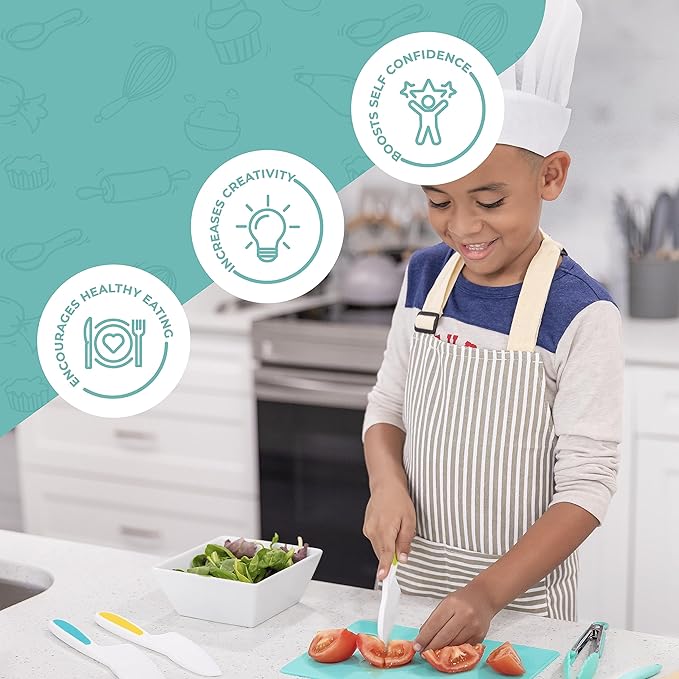 Tovla Jr Kid Safe Knife Gift Set for Real Cooking | Toddler Kitchen Knives | Montessori STEM Cooking Tools | Kids Chef Knives and Utensils | BPA Free Dishwasher Safe | Birthday Gift Ages 4 to 12