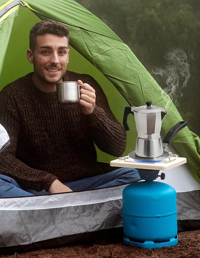 2Pcs - 1 Moka Pot Espresso + 5.5 Inch Stainless Steel Induction Plate Adapter, 6 Cup Aluminium Italian Stovetop Espresso Maker, Transparent Cover, Portable Coffee Maker for Camping