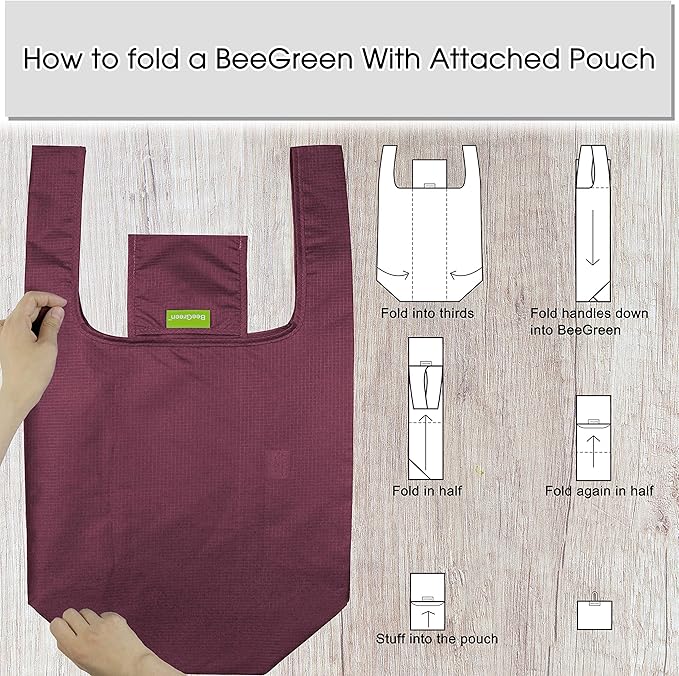 BeeGreen Burgundy Reusable Shopping Bags Wholesale Wine Red Reusable Grocery Bags Bulk Foldable-Machine Washable with Zipper Storage Pouch 20 Pieces