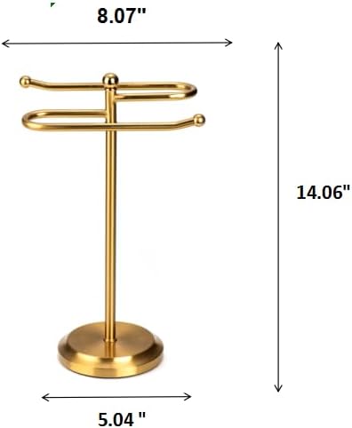 J&V TEXTILES Classical Steel Towel Rack Holder Stand with 2 Hanging Rings for Bathroom Vanity Countertops - Space Saving Hand Towel Holder (Aged Brass)
