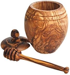 Naturally Med Olive Wood Honey Pot and Honey Dipper Set