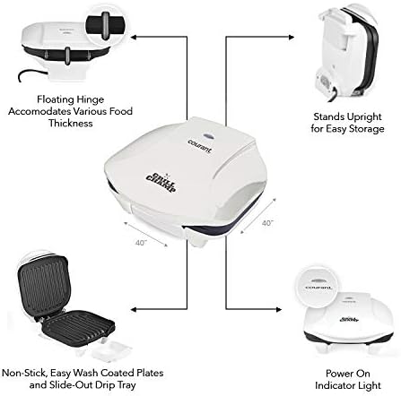 Courant 2-Serving Classic Plate Electric Indoor Grill and Panini Press, Contact Grill Champ, White