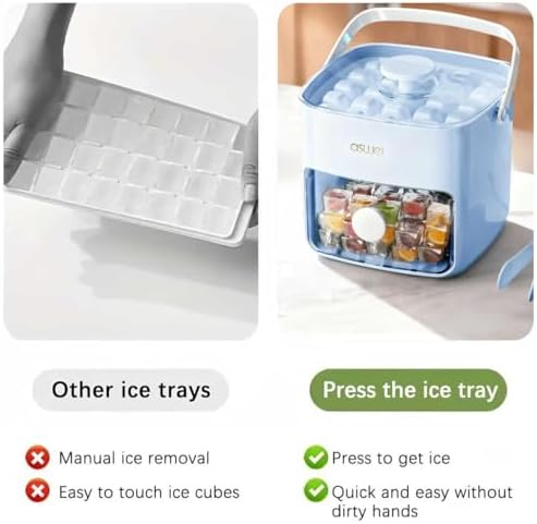Mini Press-Type Ice Maker for Freezer + Silicone Ice Cube Trays with Lid and Bin